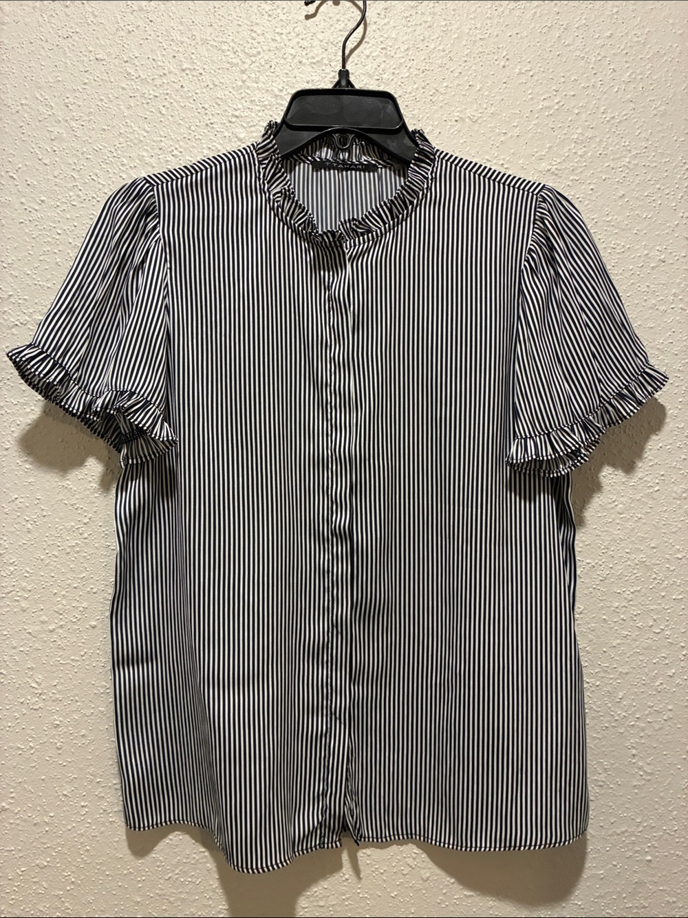 Striped Navy & White Short-Sleeve Ruffle Collar Shirt